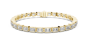 Yellow gold 9.30 ct emerald cut bezel set diamond tennis bracelet, front view