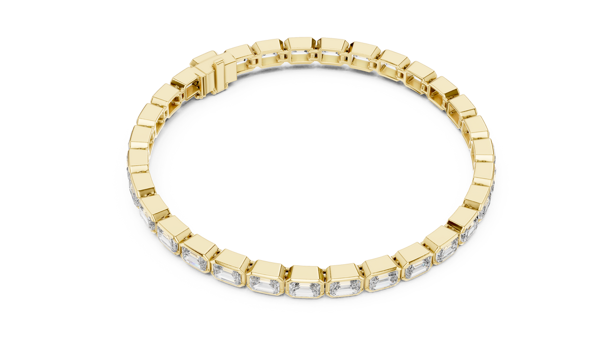 Yellow gold emerald-cut lab-grown diamond eternity tennis bracelet, side view