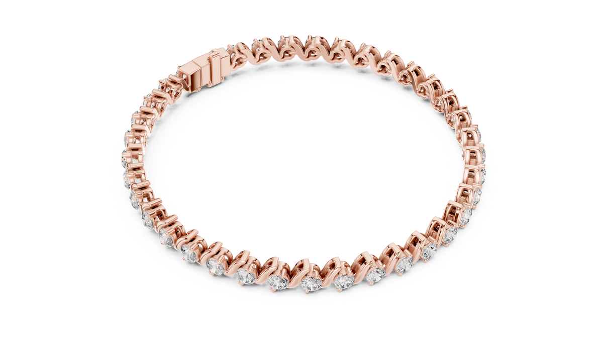 Rose gold S-link round diamond tennis bracelet, angled view
