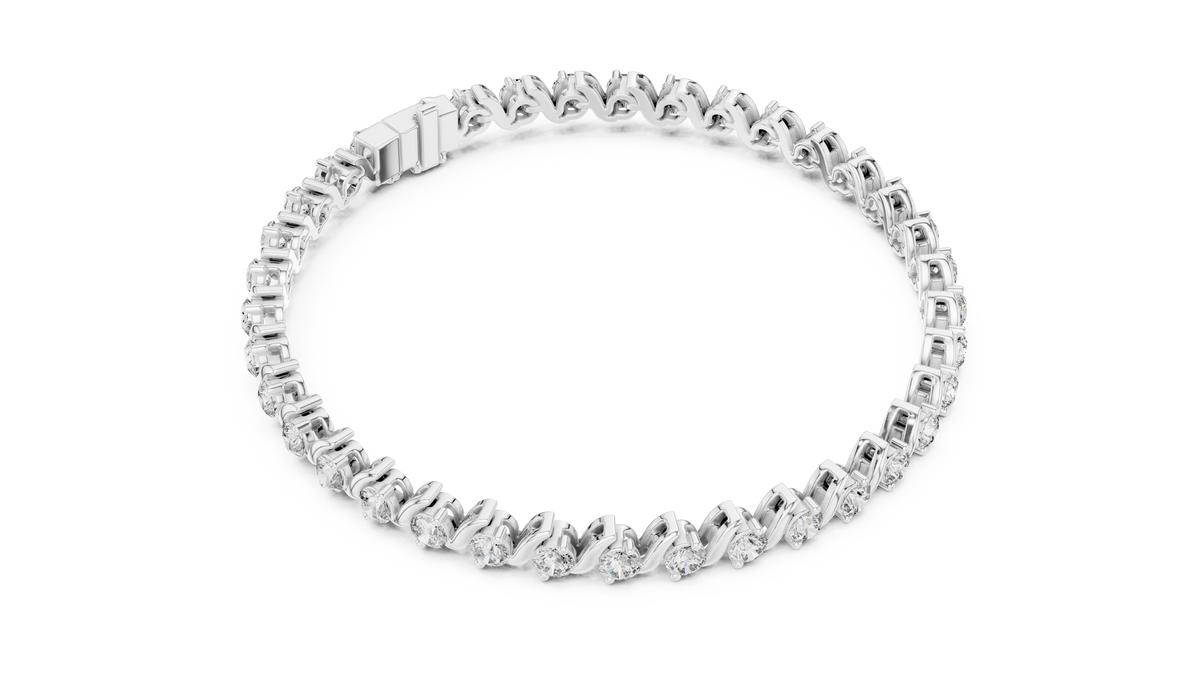 White gold S-link round diamond tennis bracelet, angled view