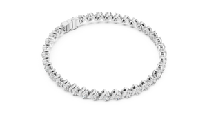 White gold S-link round diamond tennis bracelet, angled view