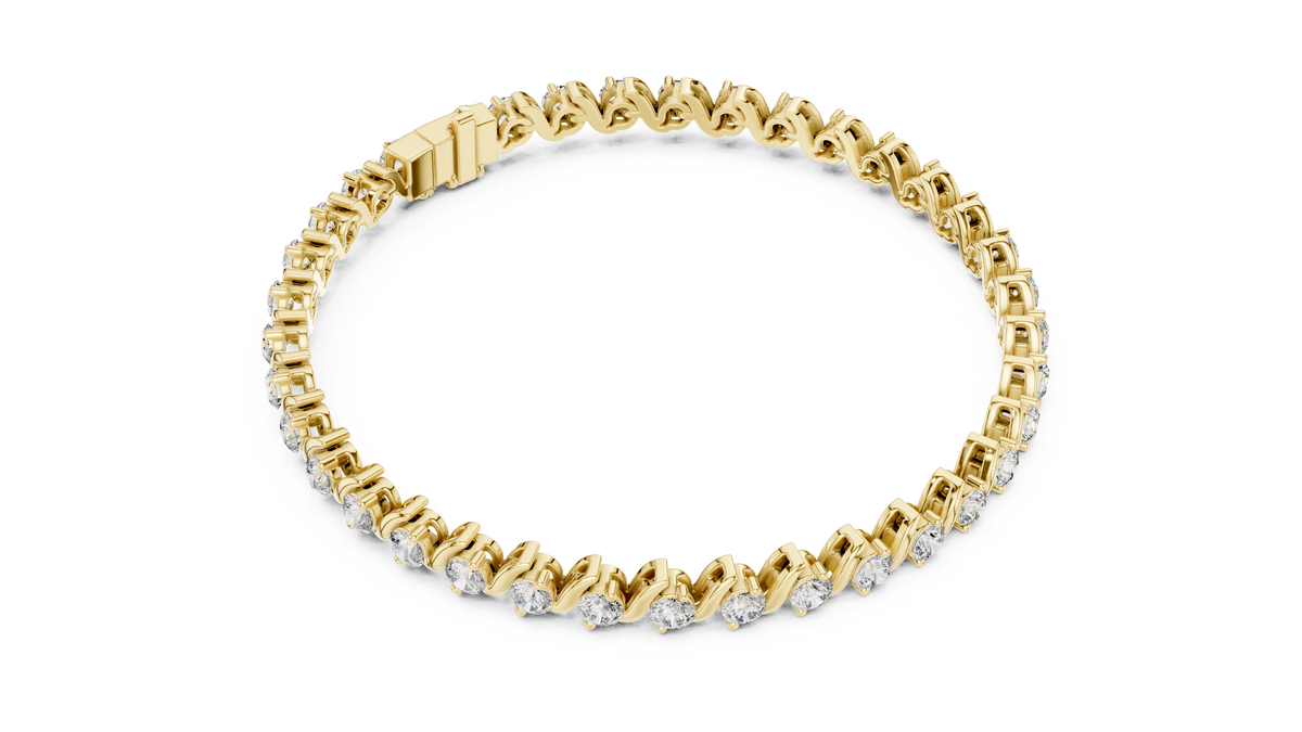 Yellow gold S-link round diamond tennis bracelet, angled view