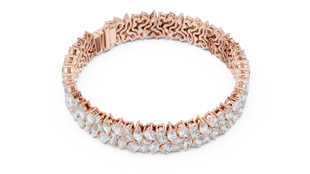 Rose gold marquise and pear diamond cluster bracelet, angled view