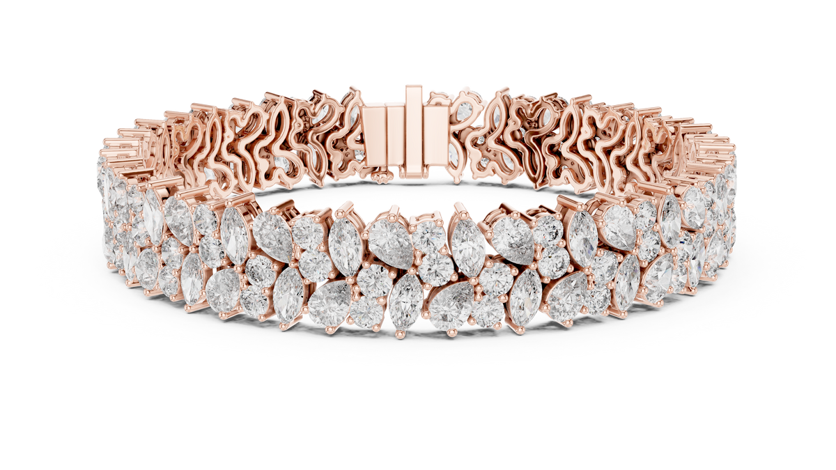 Rose gold 13.50 ct marquise and pear diamond cluster bracelet, front view