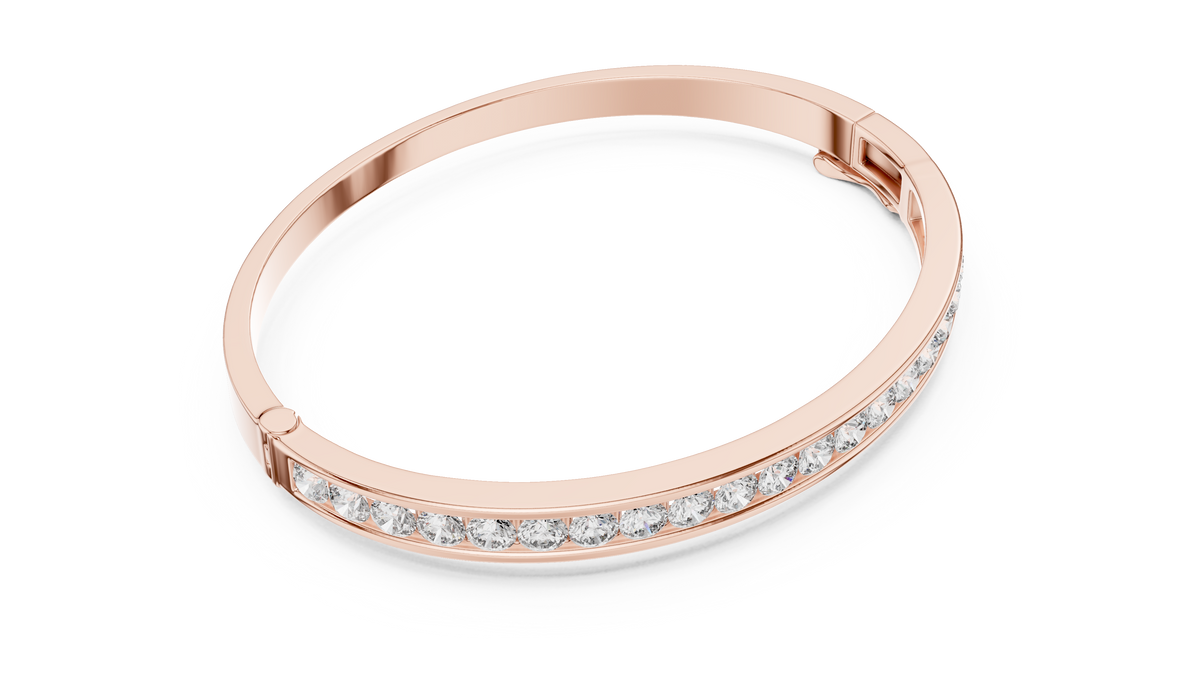 Rose gold channel set diamond bangle bracelet, angled view