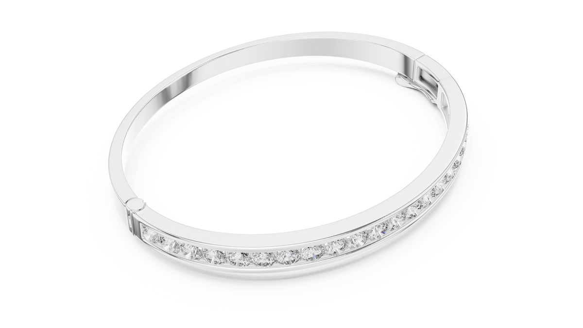 White gold channel set diamond bangle bracelet, angled view