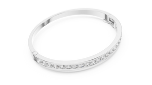 White gold channel set diamond bangle bracelet, angled view