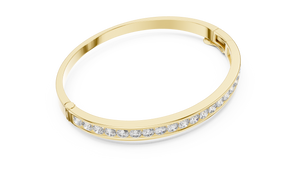 Yellow gold channel set diamond bangle bracelet, angled view