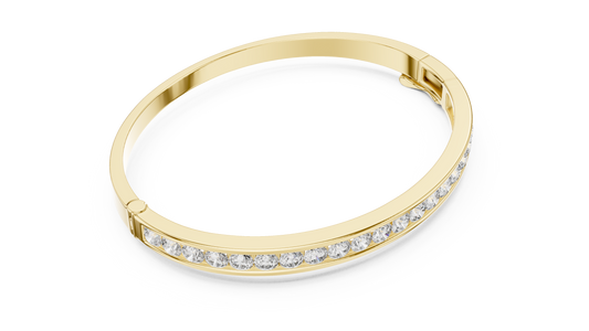 Yellow gold channel set diamond bangle bracelet, angled view