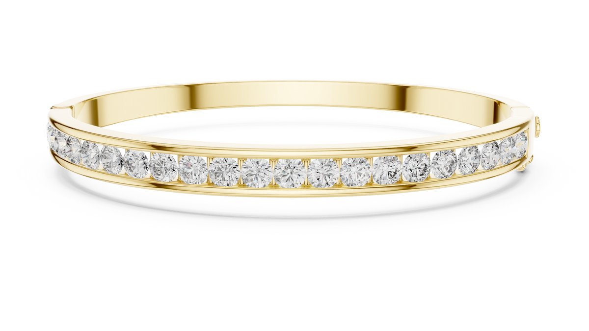 Yellow gold 3.47 ct channel set diamond bangle bracelet, front view