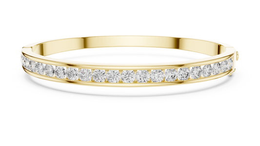 Yellow gold 3.47 ct channel set diamond bangle bracelet, front view