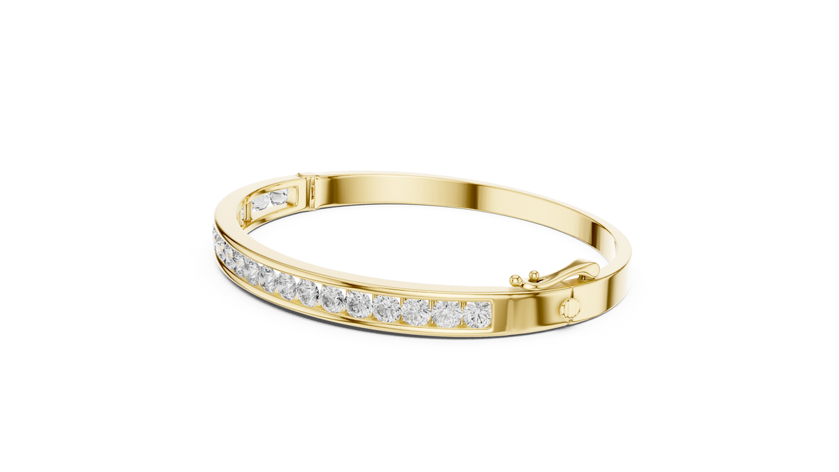 Yellow gold round lab-grown diamond channel-set bangle bracelet, front view