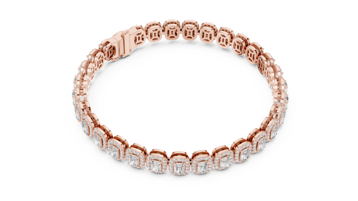 Rose gold 7.04 ct radiant cut halo diamond tennis bracelet, angled view