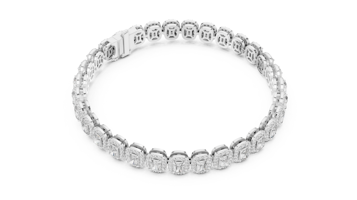 White gold 7.04 ct radiant cut halo diamond tennis bracelet, angled view