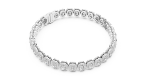White gold 7.04 ct radiant cut halo diamond tennis bracelet, angled view