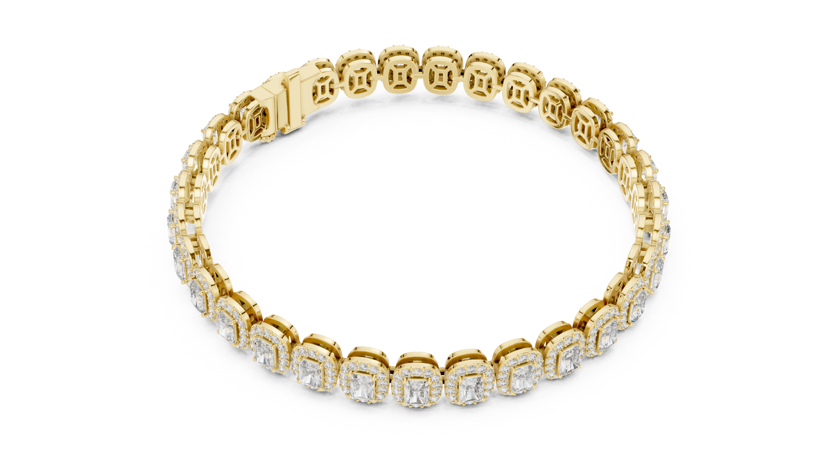 Yellow gold 7.04 ct radiant cut halo diamond tennis bracelet, angled view