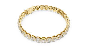 Yellow gold 7.04 ct radiant cut halo diamond tennis bracelet, angled view