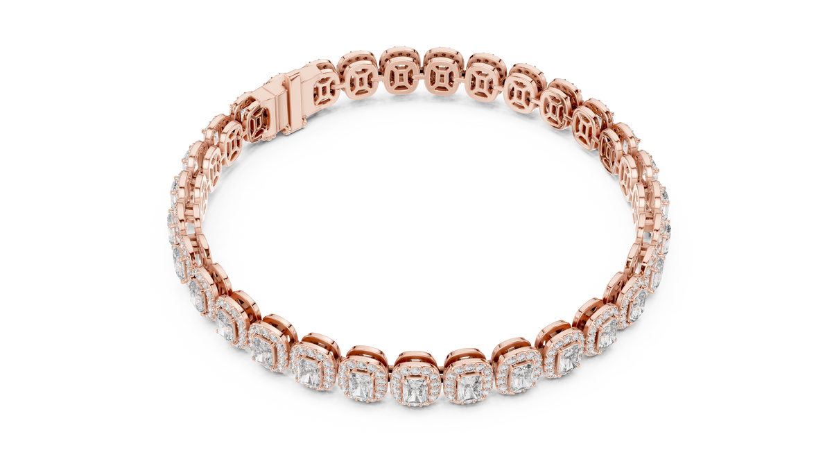 Rose gold lab grown diamond radiant halo tennis bracelet, side view