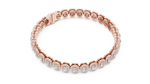 Rose gold lab grown diamond radiant halo tennis bracelet, side view