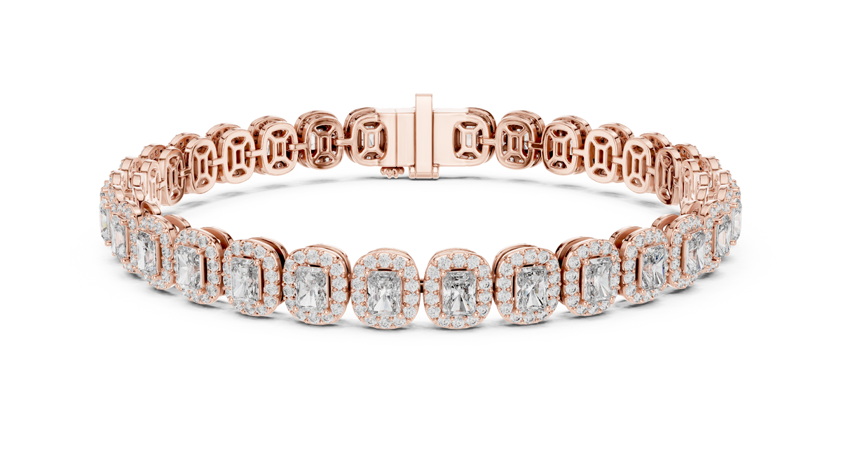Rose gold 7.04 ct lab grown diamond radiant halo tennis bracelet, front view
