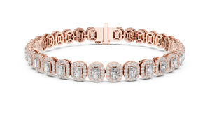 Rose gold 7.04 ct lab grown diamond radiant halo tennis bracelet, front view