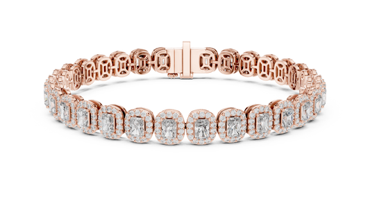 Rose gold 7.04 ct lab grown diamond radiant halo tennis bracelet, front view
