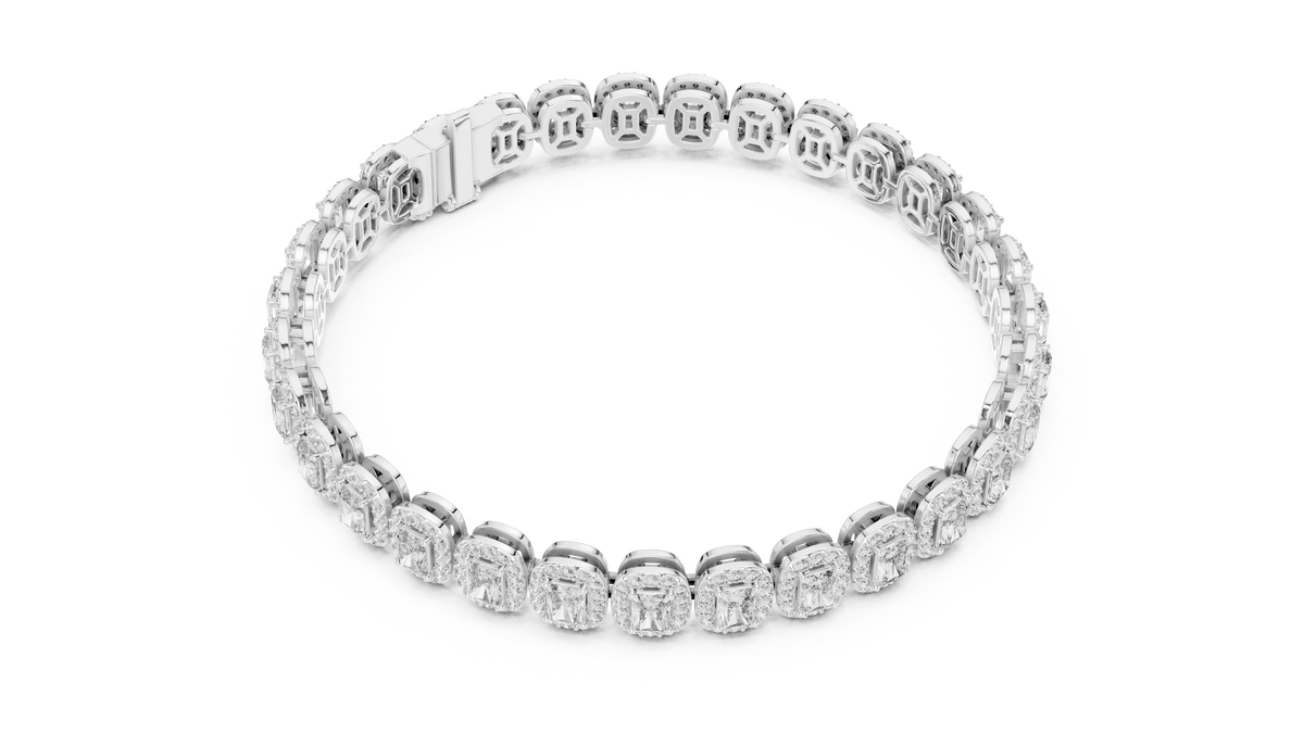 White gold lab grown diamond radiant halo tennis bracelet, side view