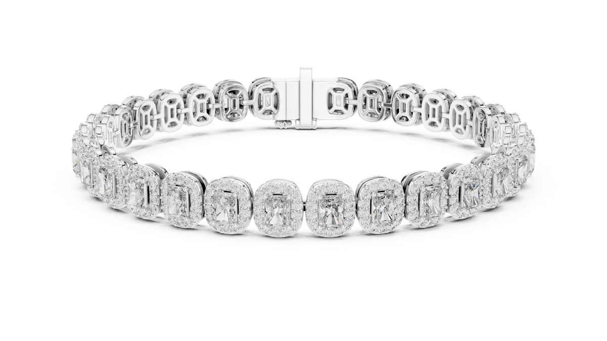 White gold 7.04 ct lab grown diamond radiant halo tennis bracelet, front view