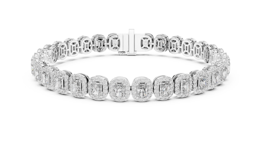 White gold 7.04 ct lab grown diamond radiant halo tennis bracelet, front view