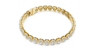 Yellow gold lab grown diamond radiant halo tennis bracelet, side view