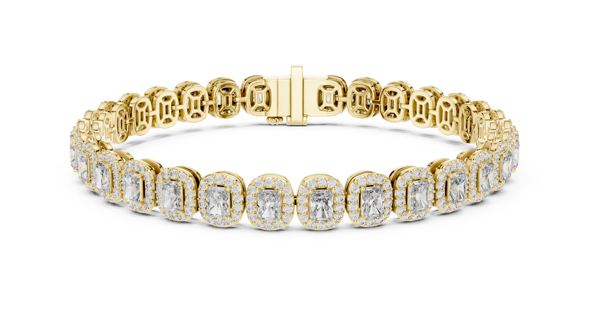 Yellow gold 7.04 ct lab grown diamond radiant halo tennis bracelet, front view