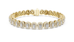 Yellow gold 7.04 ct lab grown diamond radiant halo tennis bracelet, front view