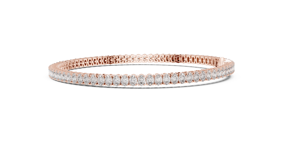 Rose gold 11.85 ct oval cut diamond tennis bracelet, angled view