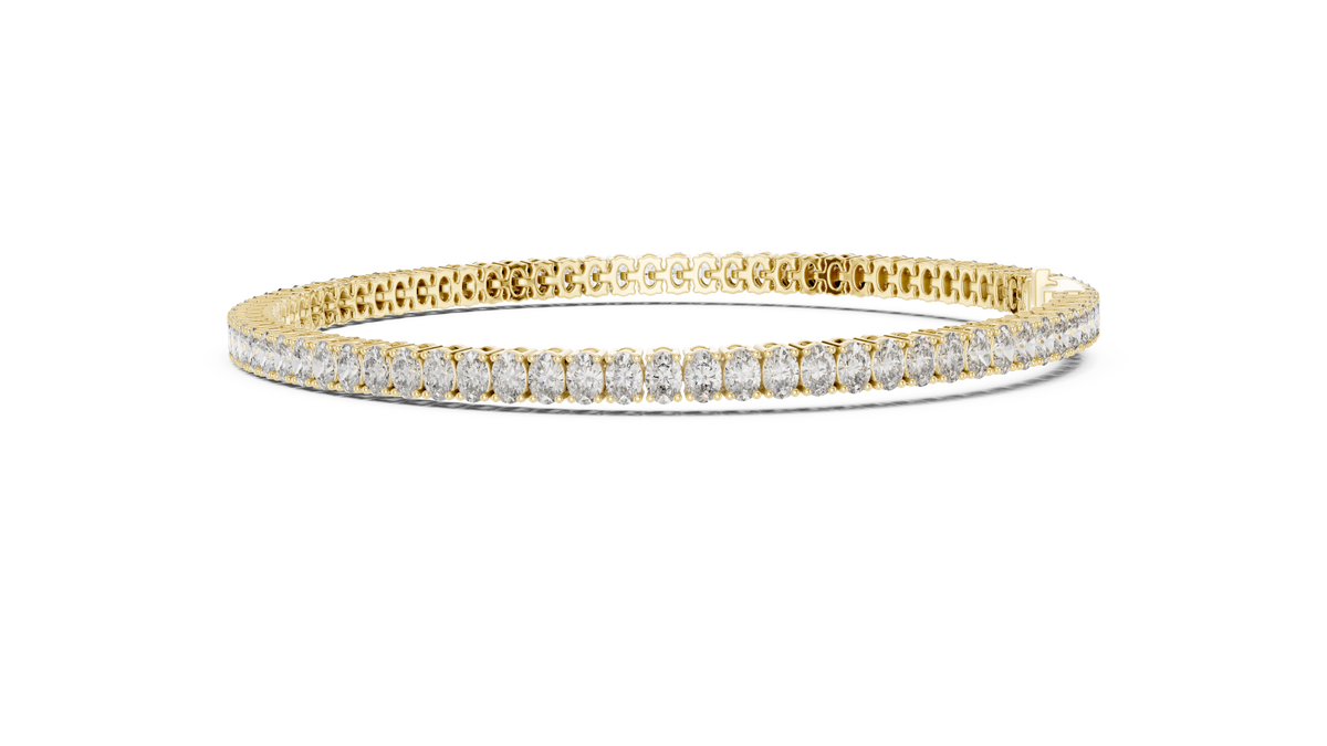 Yellow gold 11.85 ct oval cut diamond tennis bracelet, angled view