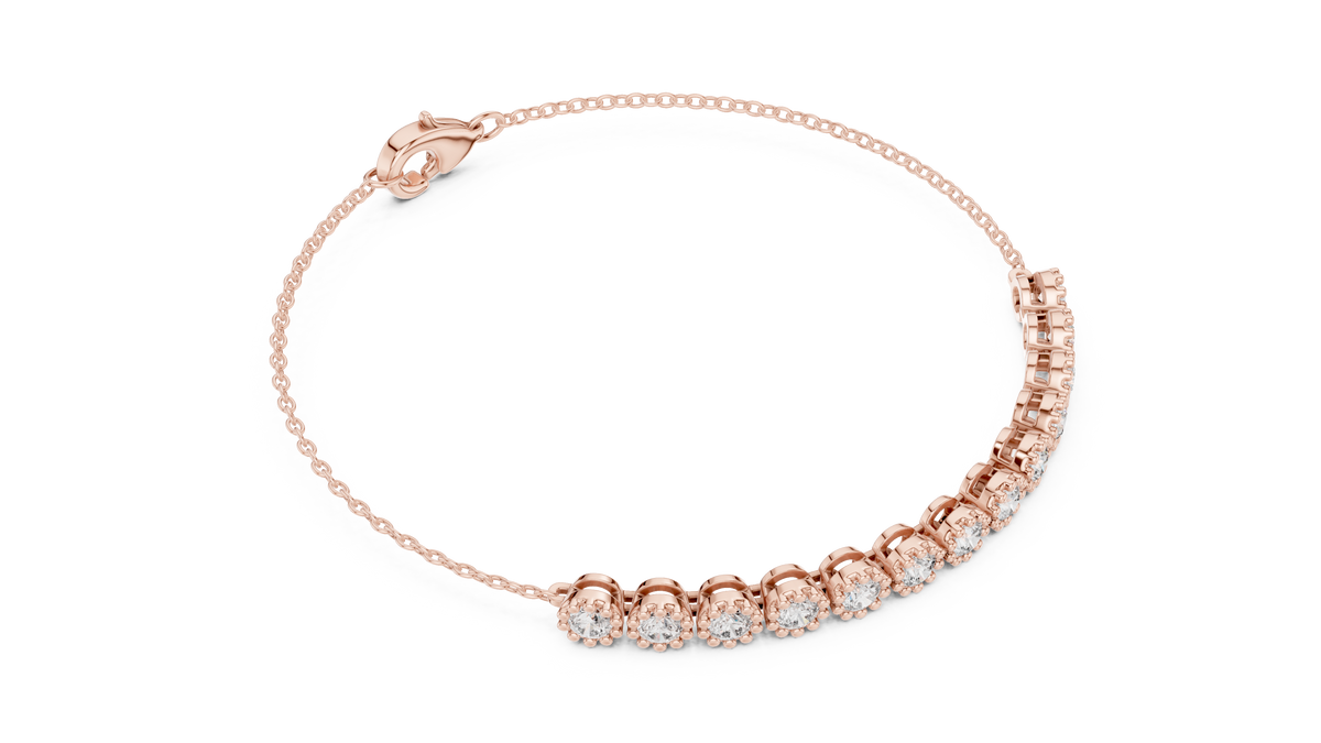 Rose gold 1.43 ct round diamond chain bracelet, angled view