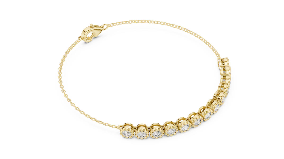 Yellow gold 1.43 ct round diamond chain bracelet, angled view