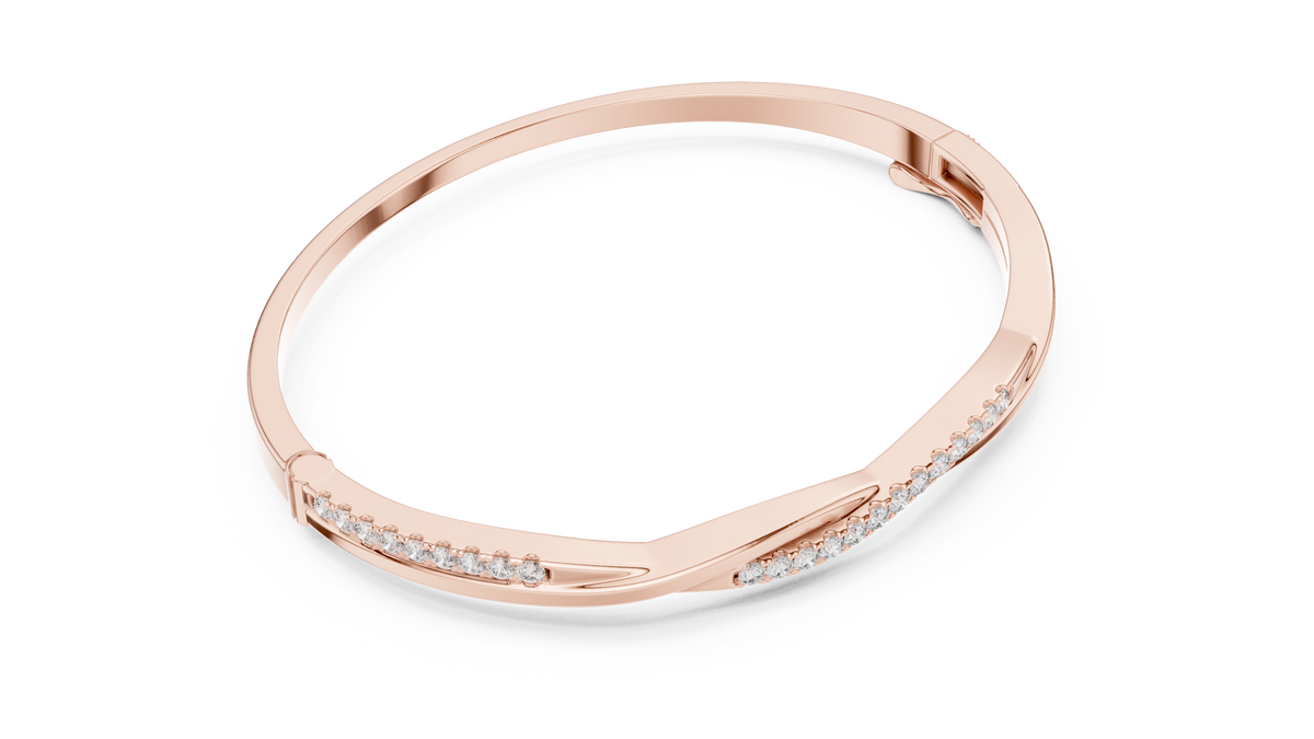 Rose gold 0.70 ct twisted diamond bangle bracelet, angled view