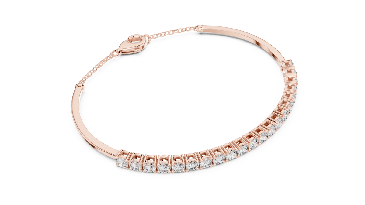 Rose gold 2.31 ct diamond bar bangle bracelet, angled view