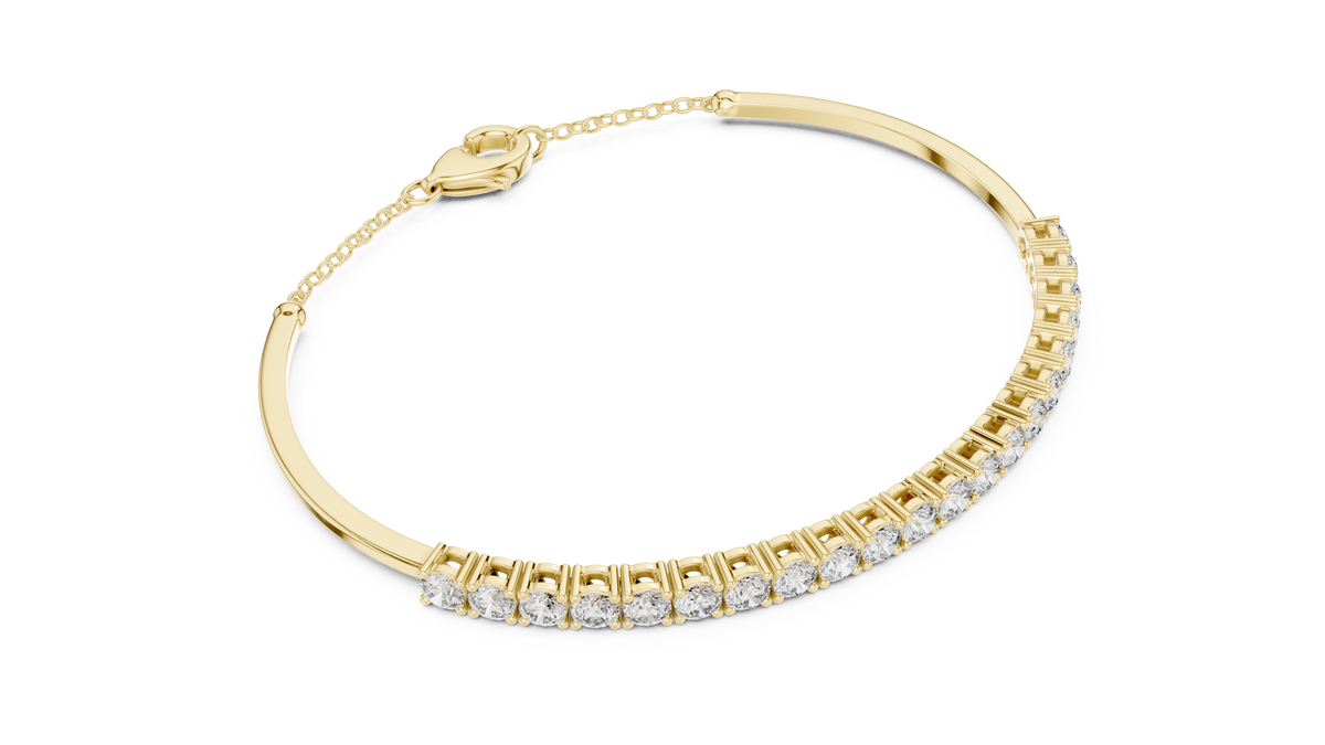 Yellow gold 2.31 ct diamond bar bangle bracelet, angled view