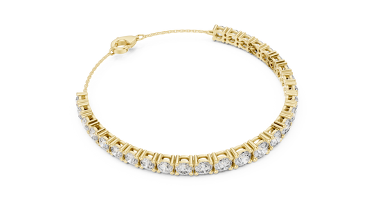 Yellow gold 8.07 ct graduated round diamond tennis bracelet, angled view