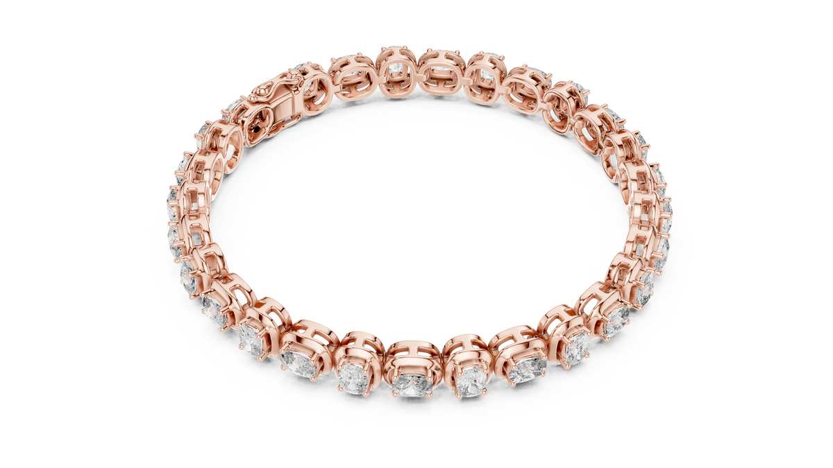 Rose gold east west cushion cut lab grown diamond tennis bracelet, side view