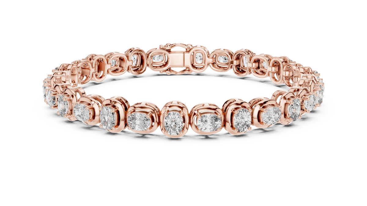 Rose gold 6.82 ct east west cushion cut lab grown diamond tennis bracelet, front view