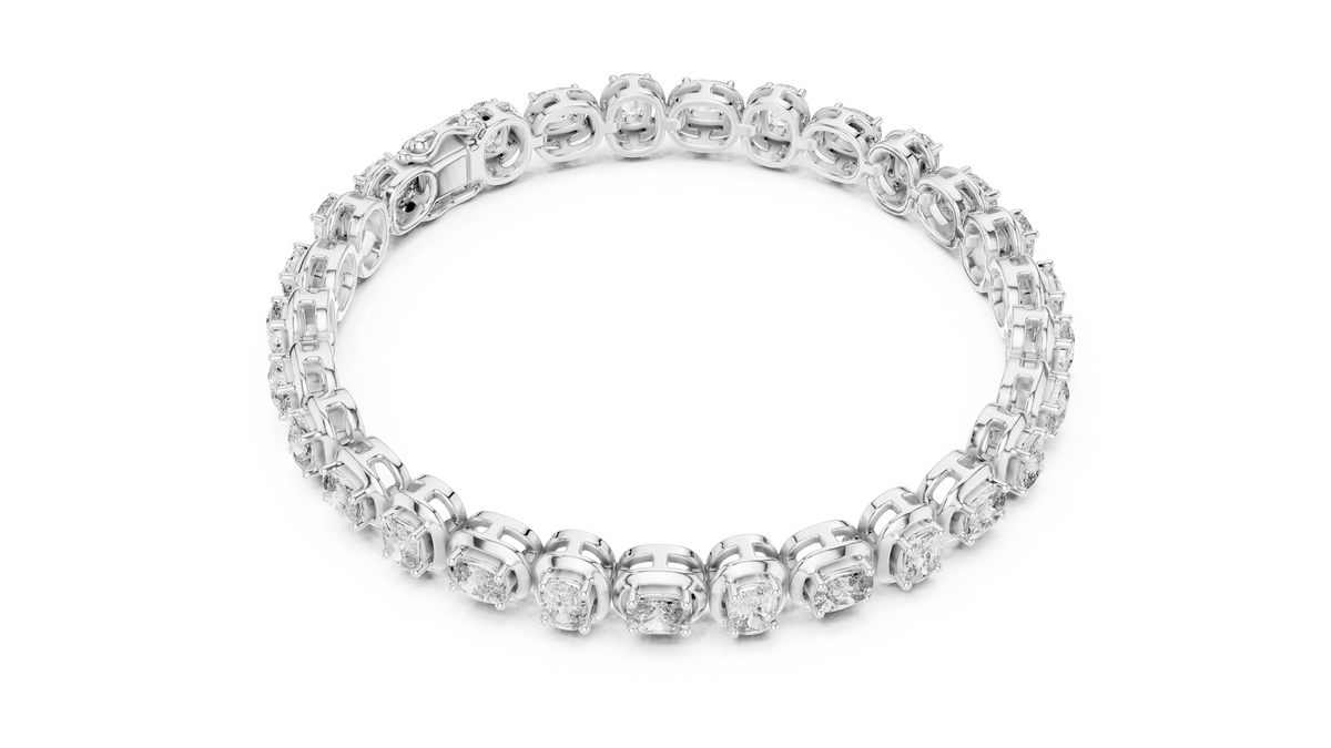 White gold east west cushion cut lab grown diamond tennis bracelet, side view