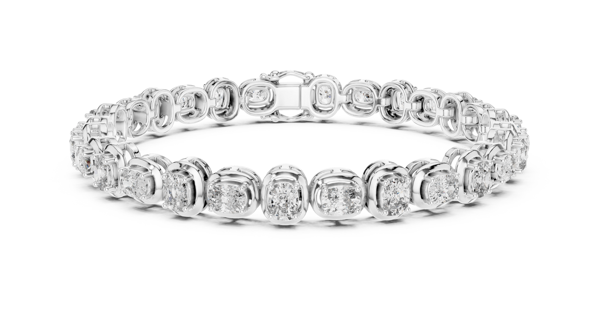 White gold 6.82 ct east west cushion cut lab grown diamond tennis bracelet, front view