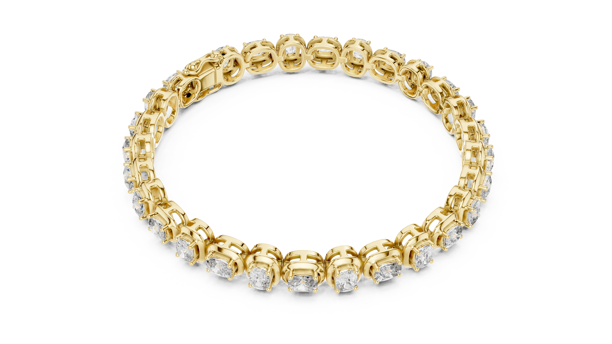 Yellow gold east west cushion cut lab grown diamond tennis bracelet, side view