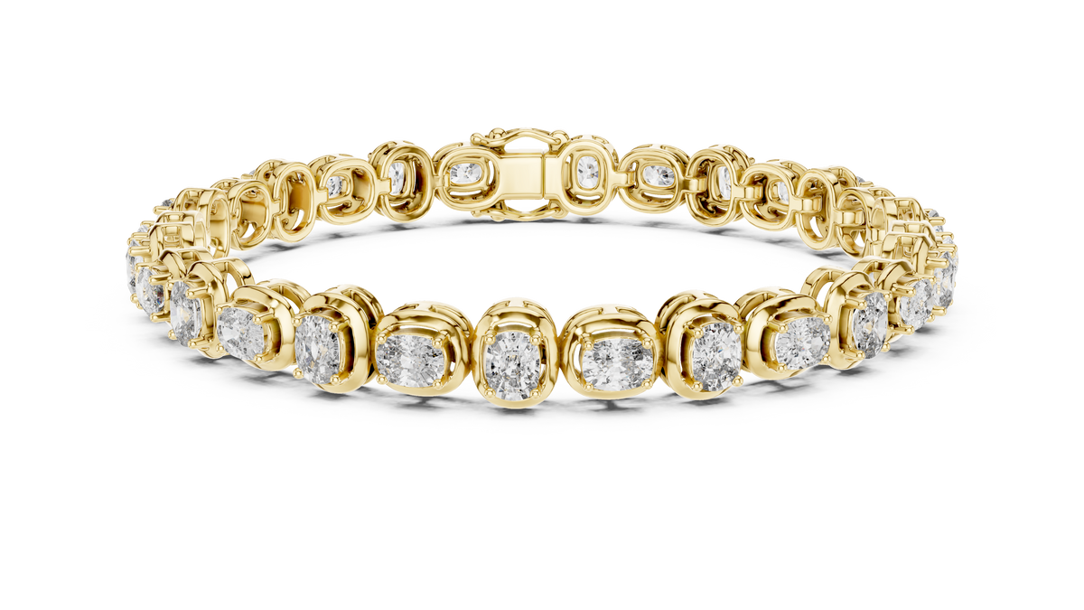 Yellow gold 6.82 ct east west cushion cut lab grown diamond tennis bracelet, front view