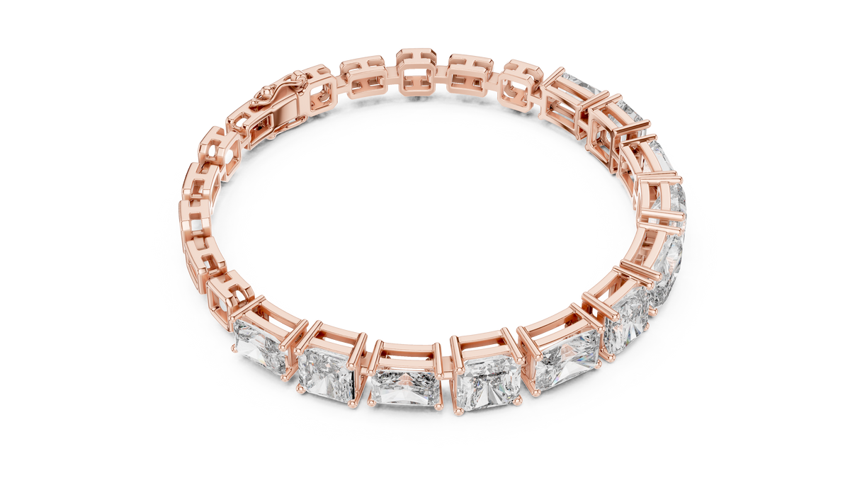 Rose gold radiant and asscher cut lab grown diamond station bracelet, side view