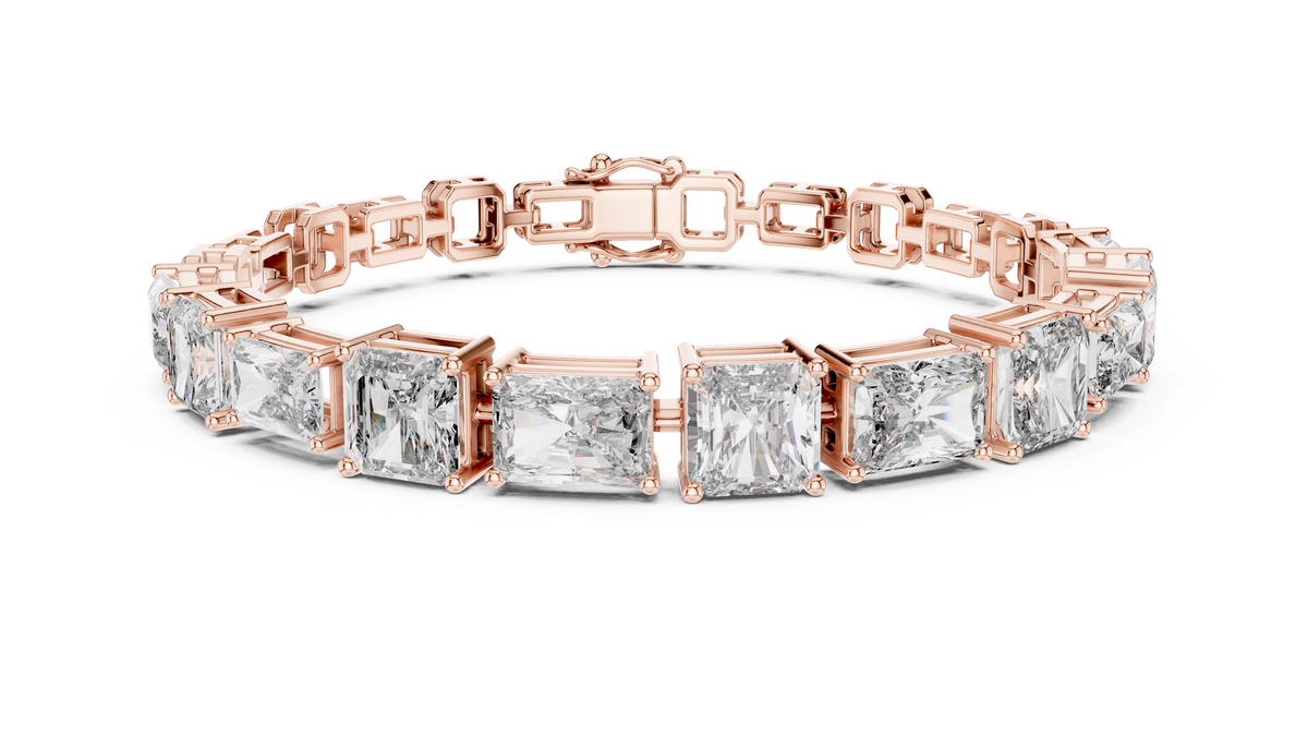Rose gold 13.44 ct radiant and asscher cut lab grown diamond station bracelet, front view