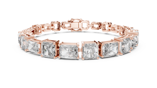 Rose gold 13.44 ct radiant and asscher cut lab grown diamond station bracelet, front view