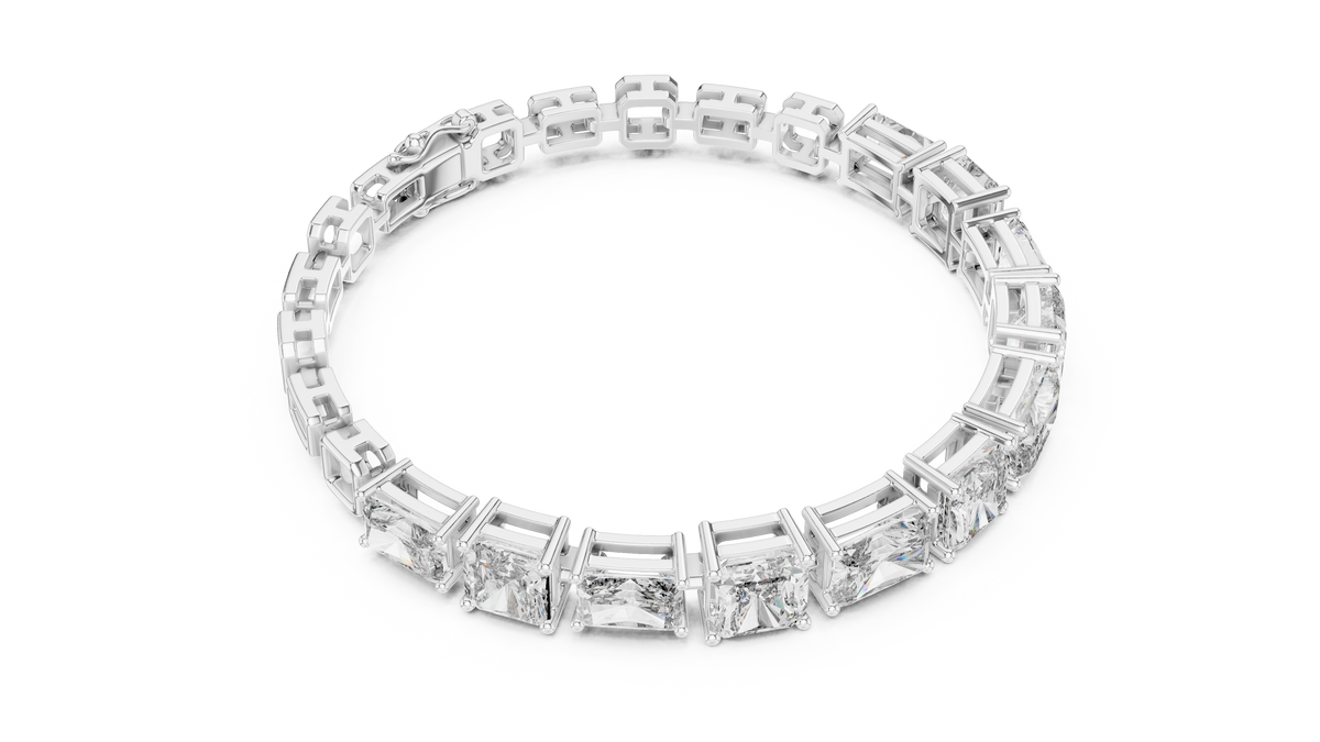 White gold radiant and asscher cut lab grown diamond station bracelet, side view